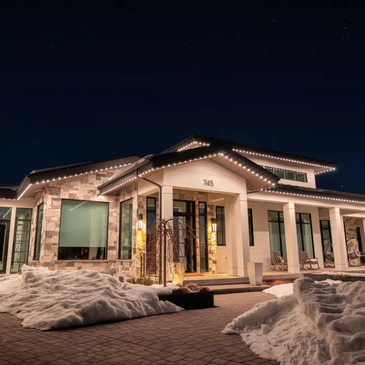 Starise permanent accent lighting along a Calgary home exterior at night